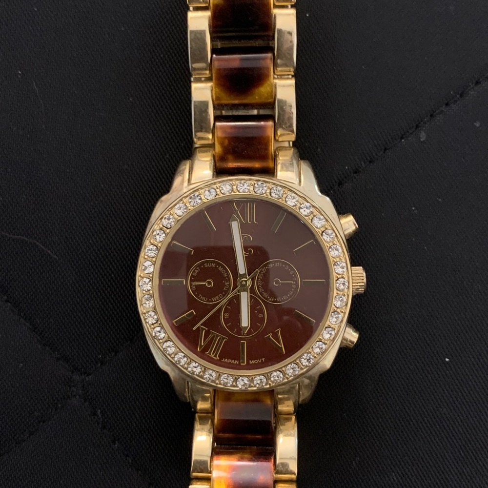 Gold tone and Tortoiseshell Watch with Crystal Details